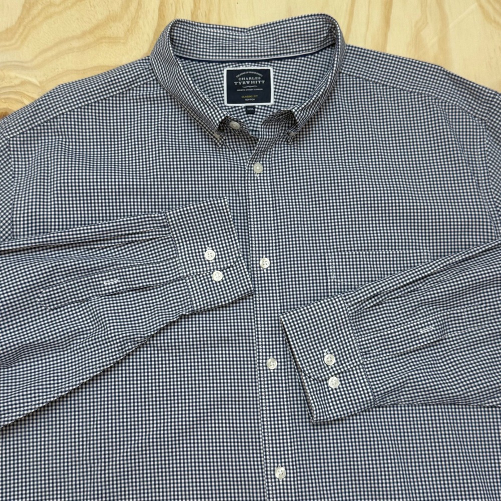 Charles Tyrwhitt Mens XXXL Classic Fit Non-Iron Gingham Button Down Shirt Navy